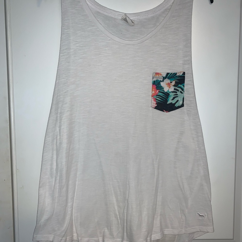 VS PINK white tank with floral print pocket